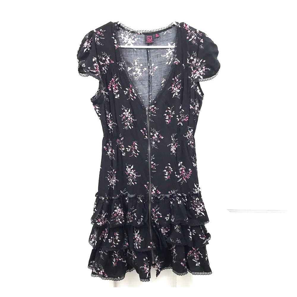 Black and Pink Floral Lace-Trimmed Dress